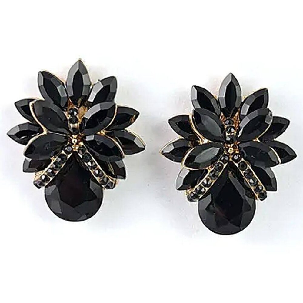 Black Crystal Floral Stud Earrings